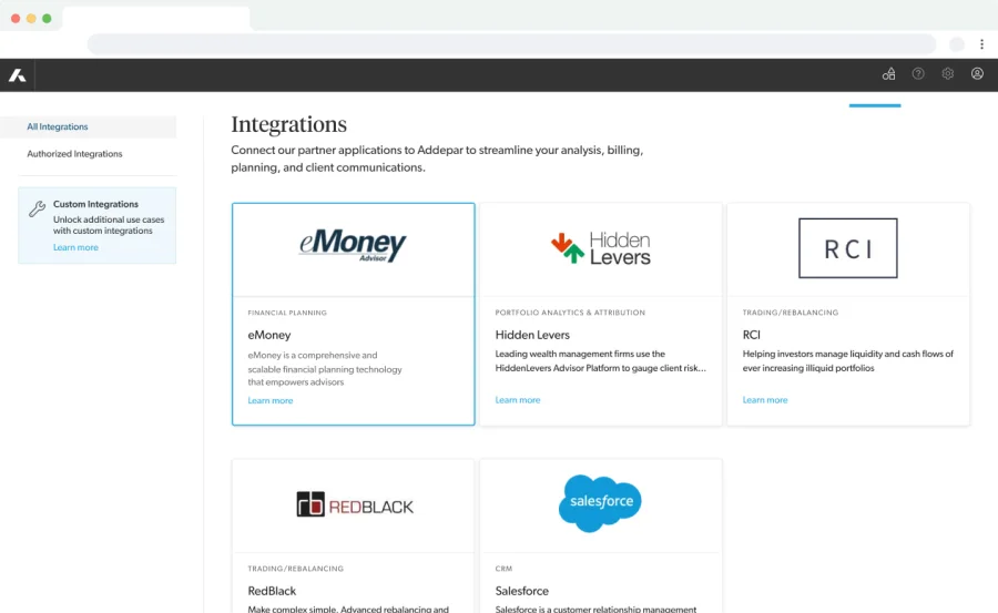 Addepar’s open architecture platform integrates with hundreds of software, data and consulting partners